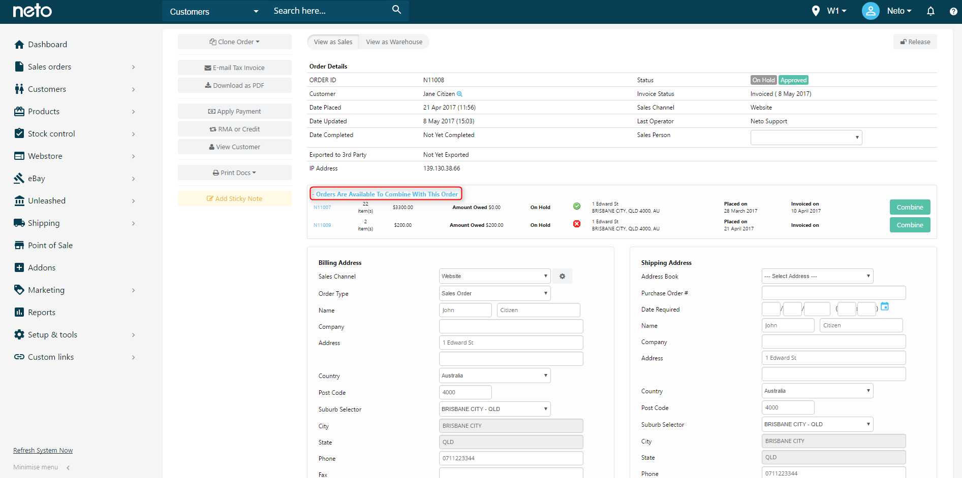 Combine multiple orders into a single order