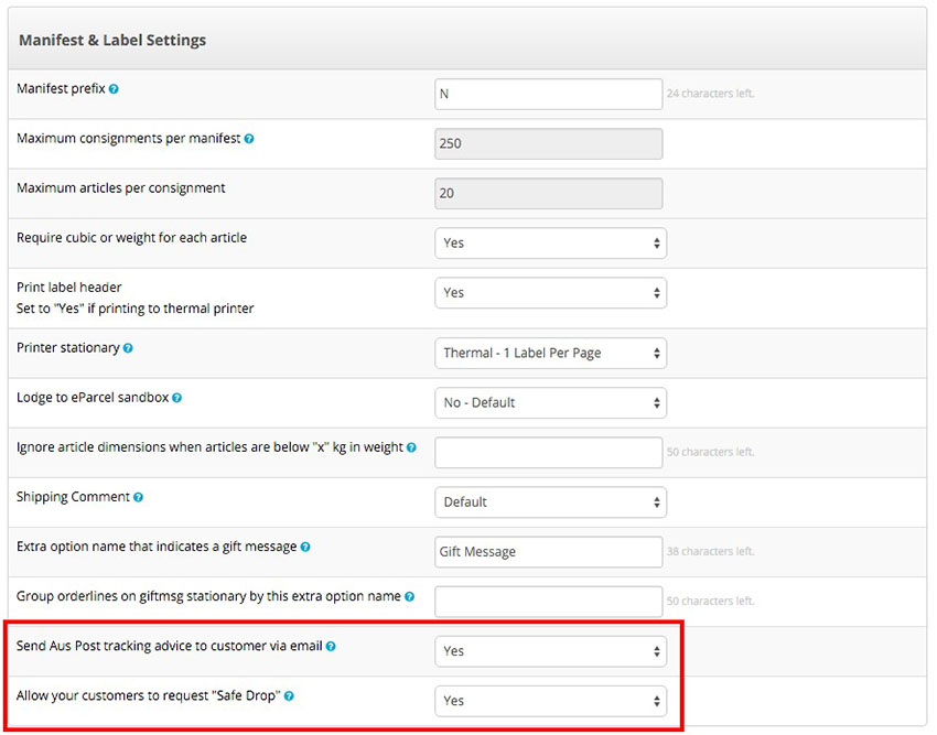 Manifest & Label Settings